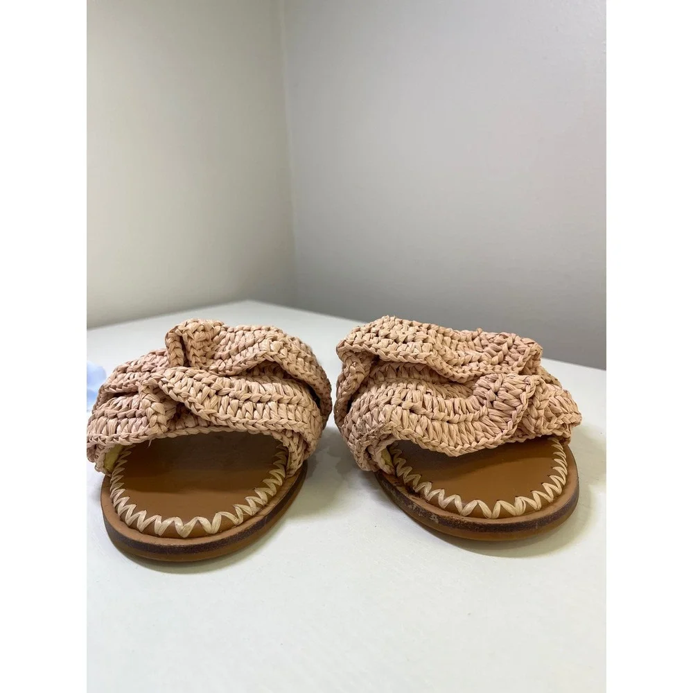Tory Burch Ruffled Raffia Slide Sandals Natural Woven Flat 135087 Size 7M‎ w box